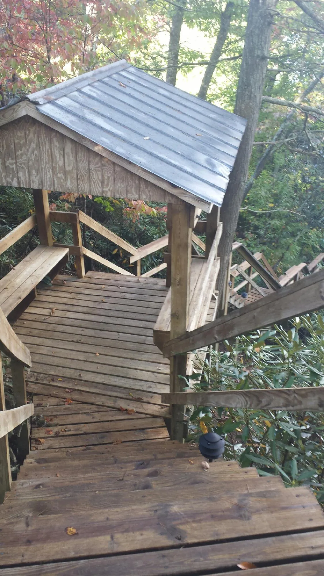 Metal roofed shelter over wooden steps on a wooded walkway — Skylight Repair & Installation work by our crew in Marsteller